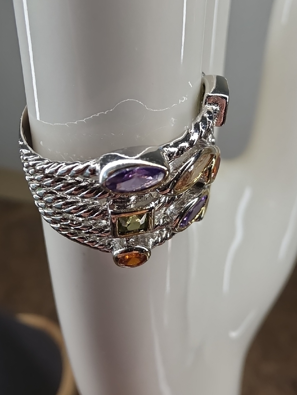 Vintage Multi-Color Confetti Oval Square Stone Multi Stack Silver Stackable Ring - Picture 3 of 7